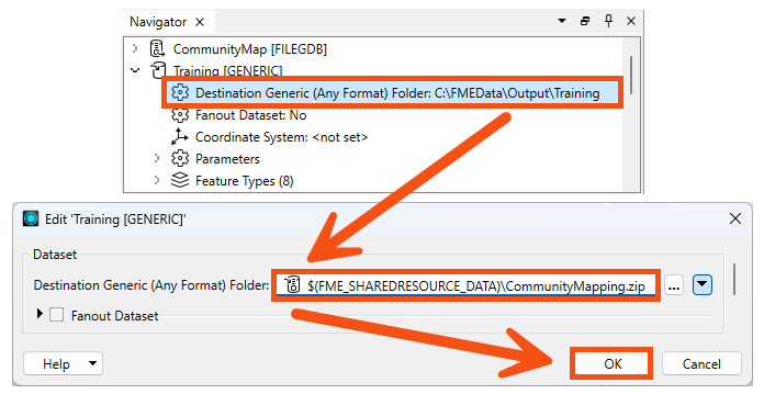 Setting the destination path to use an FME Flow parameter